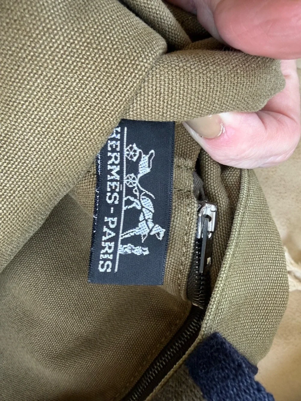 Hermes Olive Canvas tote with Navy Trim